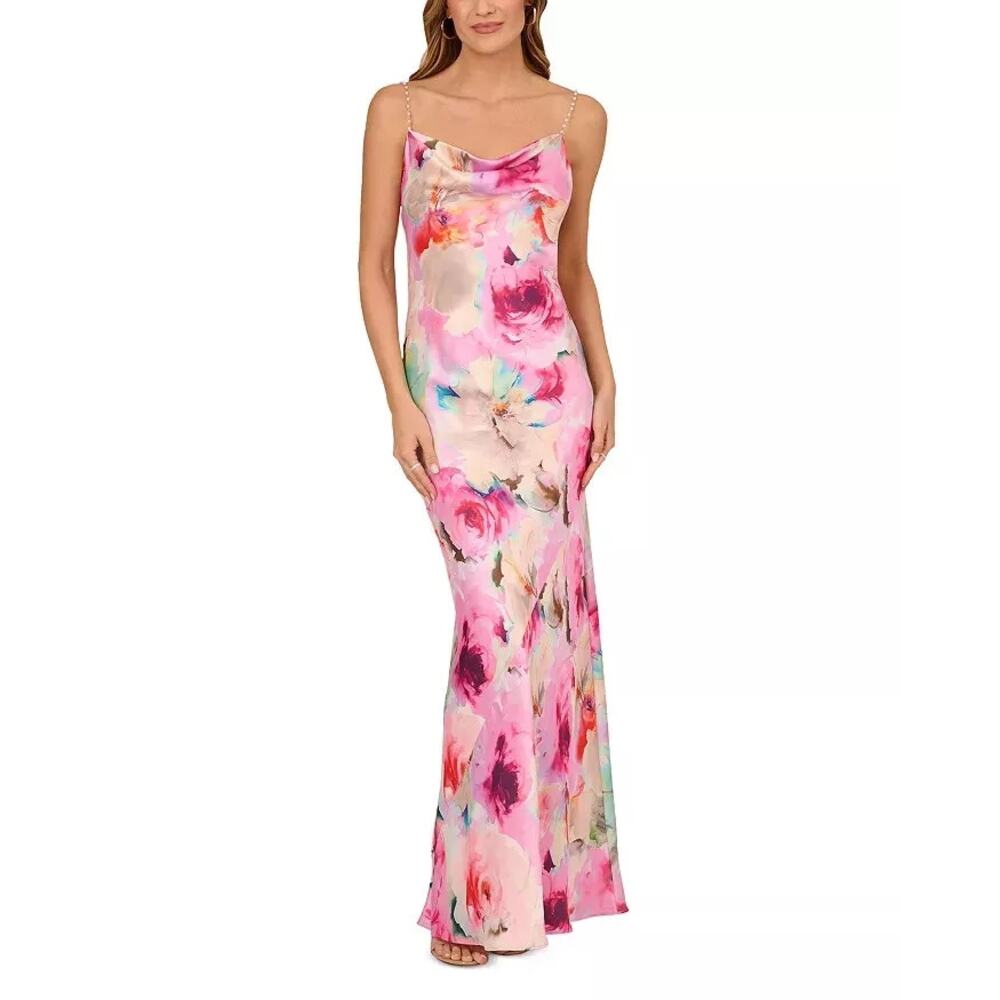 Liv Foster Satin Cowl Neck Pearl Strap Formal Dress Pink 6 NWT